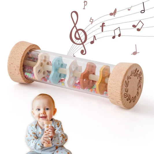 Montessori wooden rain stick toy for building babies' listening skills by Pinocchio Village