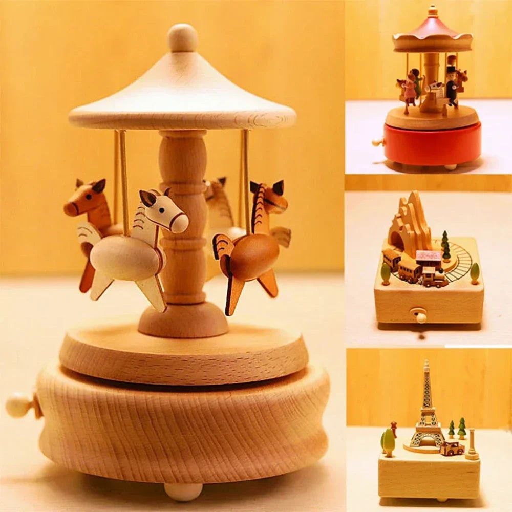 Handcrafted wooden carousel music box by Pinocchio Village