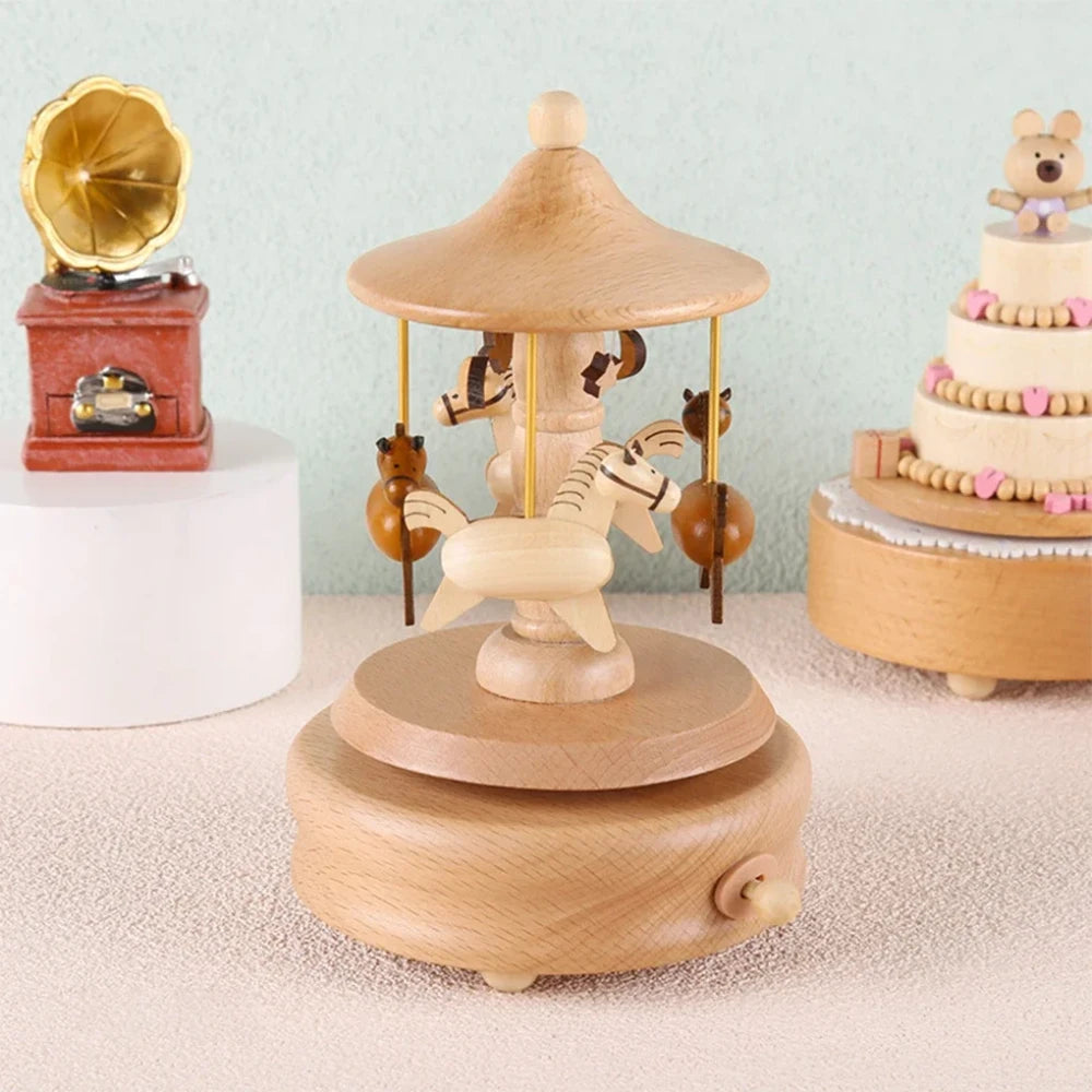 Wooden Carousel Music Box - Pinocchio village