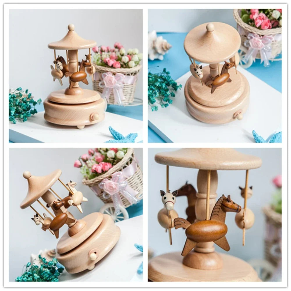 Wooden Carousel Music Box - Pinocchio village