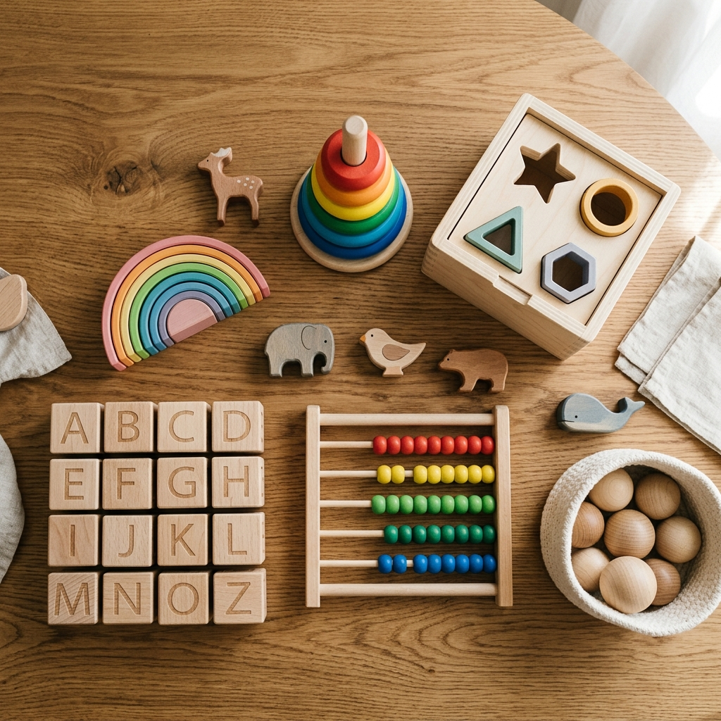 Montessori-inspired wooden toys flat lay - stacking rings, shape sorters, alphabet blocks