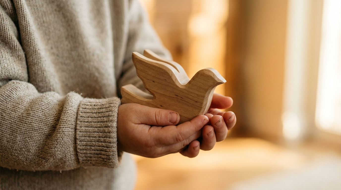 Child's hands holding a wooden toy - Play With Purpose - 10% goes to Gaza relief